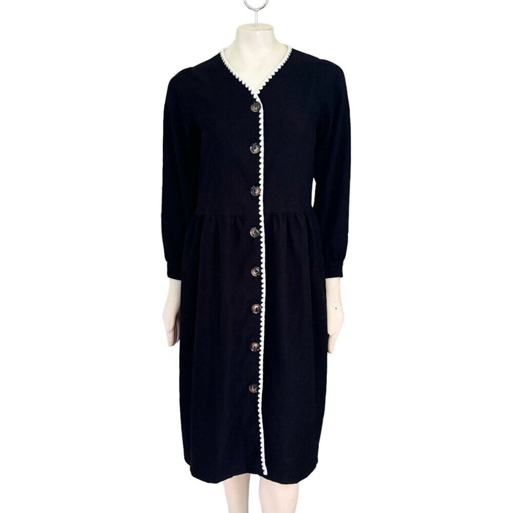 JINCHAN Corduroy Dress Black Long sleeve Button front Crochet lace trim SZ 8
